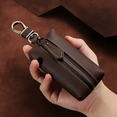 Genuine Crazy Horse Leather Retro Hanging Key Case Zipper Bag